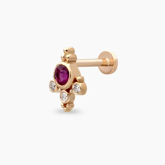 Flores Yakut ve Pırlanta Taşlı Rose Altın Piercing - 1
