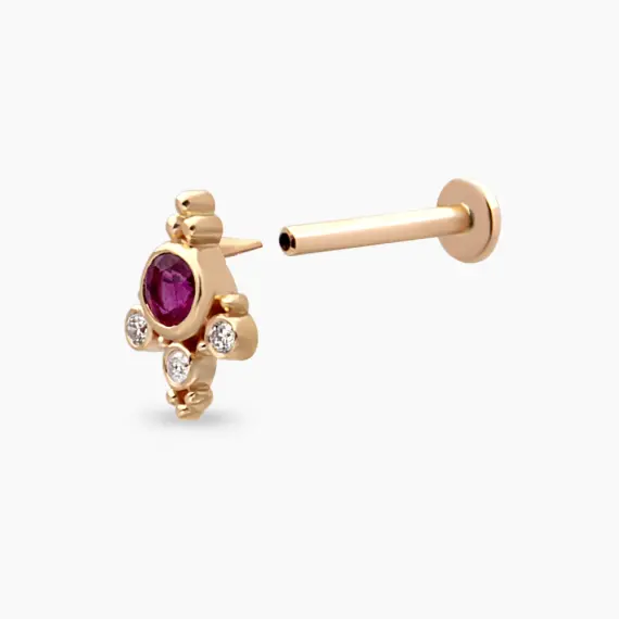 Flores Yakut ve Pırlanta Taşlı Rose Altın Piercing - 4