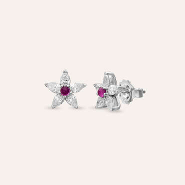 Flower 1.31 CT Pink Safir ve Pırlanta Taşlı Beyaz Altın Küpe - Nev Jewellery