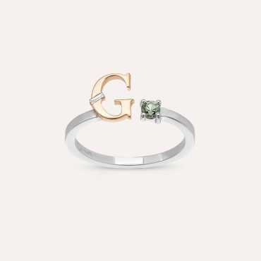 G Harf Green Safir ve Baget Pırlanta Taşlı Beyaz Altın Yüzük - Nev Jewellery
