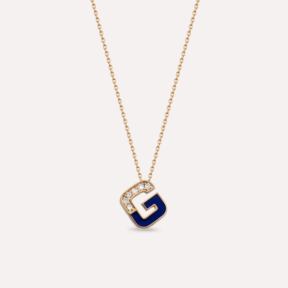 G Letter Diamond and Navy Blue Enamel Rose Gold Necklace - 1