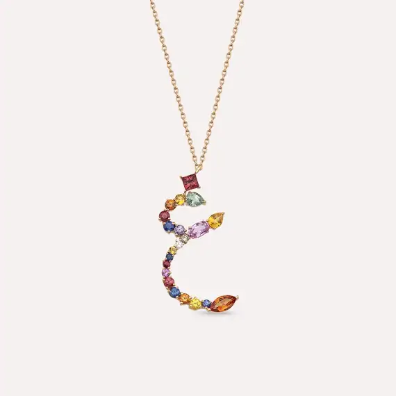 غ Ğayn Letter 2.17 CT Diamond and Multicolor Sapphire Rose Gold Necklace - 1