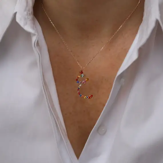 غ Ğayn Letter 2.17 CT Diamond and Multicolor Sapphire Rose Gold Necklace - 2