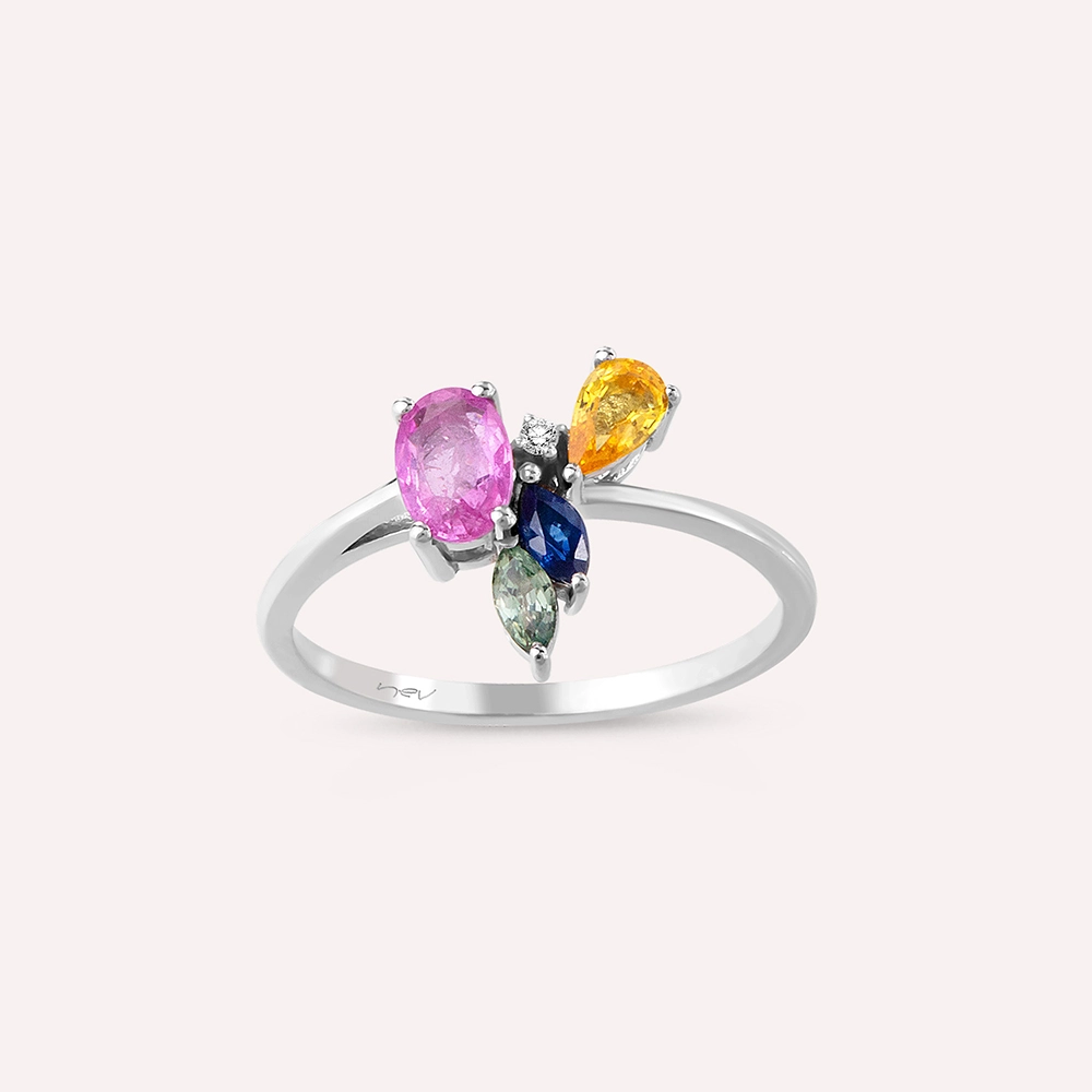 Gentilezza 1.04 CT Multicolor Safir Taşlı Beyaz Altın Yüzük - Nev Jewellery (1)