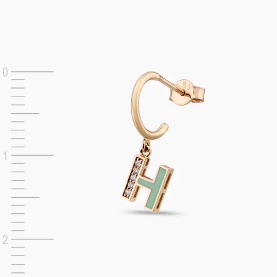Green Enamel and Diamond H Letter Single Dangling Earring - 4