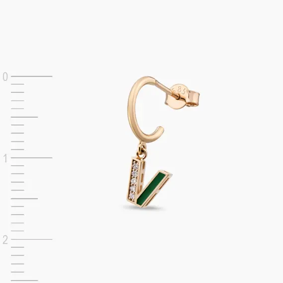 Green Enamel and Diamond V Letter Single Dangling Earring - 3