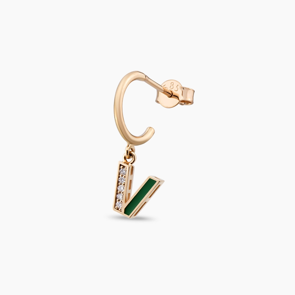 Green Enamel and Diamond V Letter Single Dangling Earring - 1