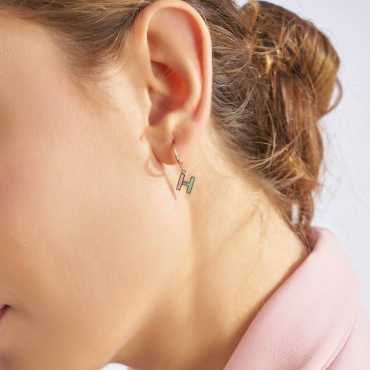 H Harf Yeşil Mineli ve Pırlanta Taşlı Tek C Küpe - Nev Jewellery (1)