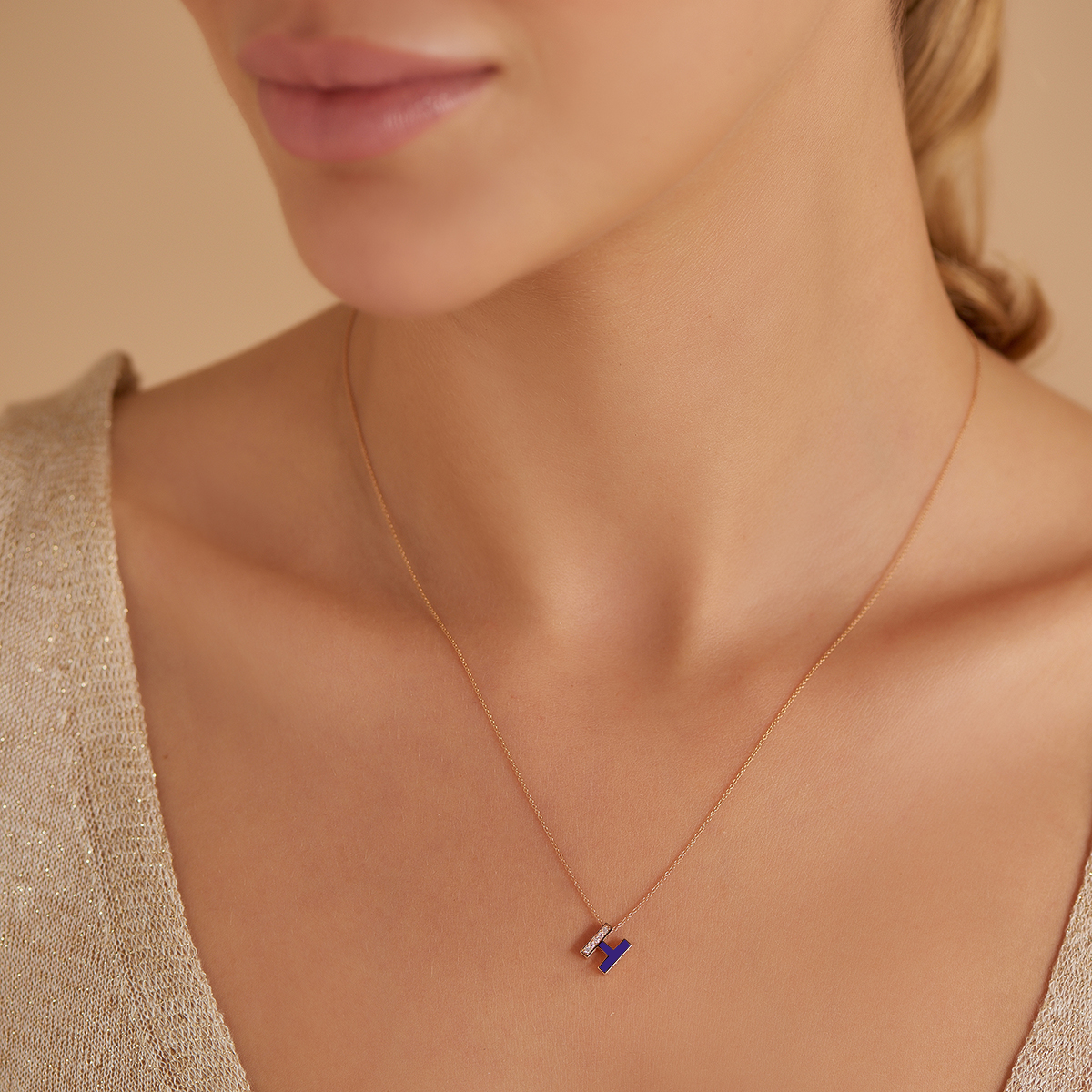 H Harfi Pırlanta Taşlı ve Lacivert Mineli Rose Altın Kolye - Nev Jewellery (1)