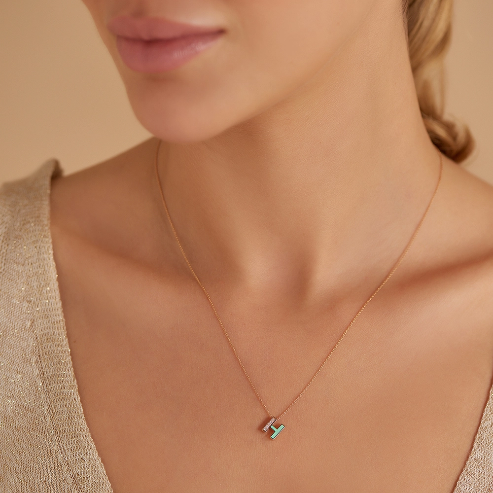 H Harfi Pırlanta Taşlı ve Su Yeşil Mineli Rose Altın Kolye - Nev Jewellery (1)
