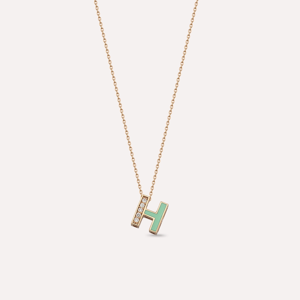 H Letter Diamond and Green Enamel Rose Gold Pendant - 1