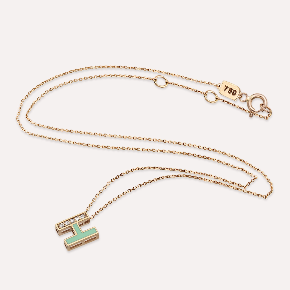 H Letter Diamond and Green Enamel Rose Gold Pendant - 3