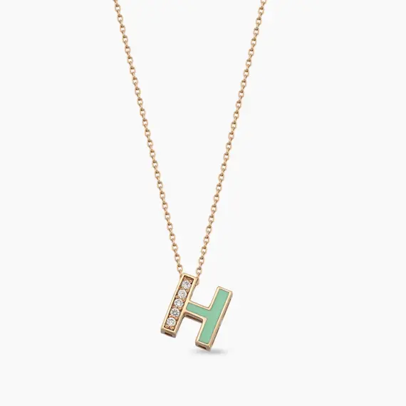 H Letter Diamond and Green Enamel Rose Gold Pendant - 1