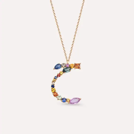 ح Ha Letter 1.44 CT Diamond and Multicolor Sapphire Rose Gold Necklace - 1