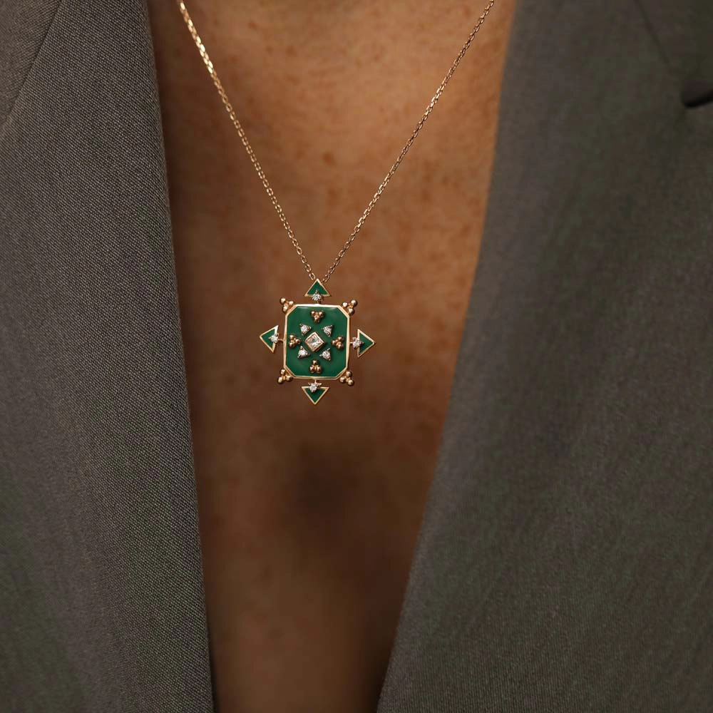 Hadar 0.14 CT Diamond and Green Enamel Rose Gold Pendant - Nev Jewellery (1)