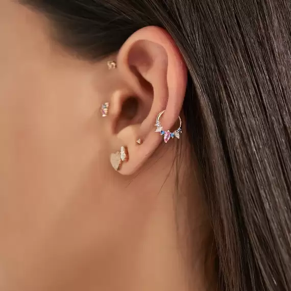 Hana Multicolor Safir ve Pırlanta Taşlı Rose Altın Halka Piercing - 3