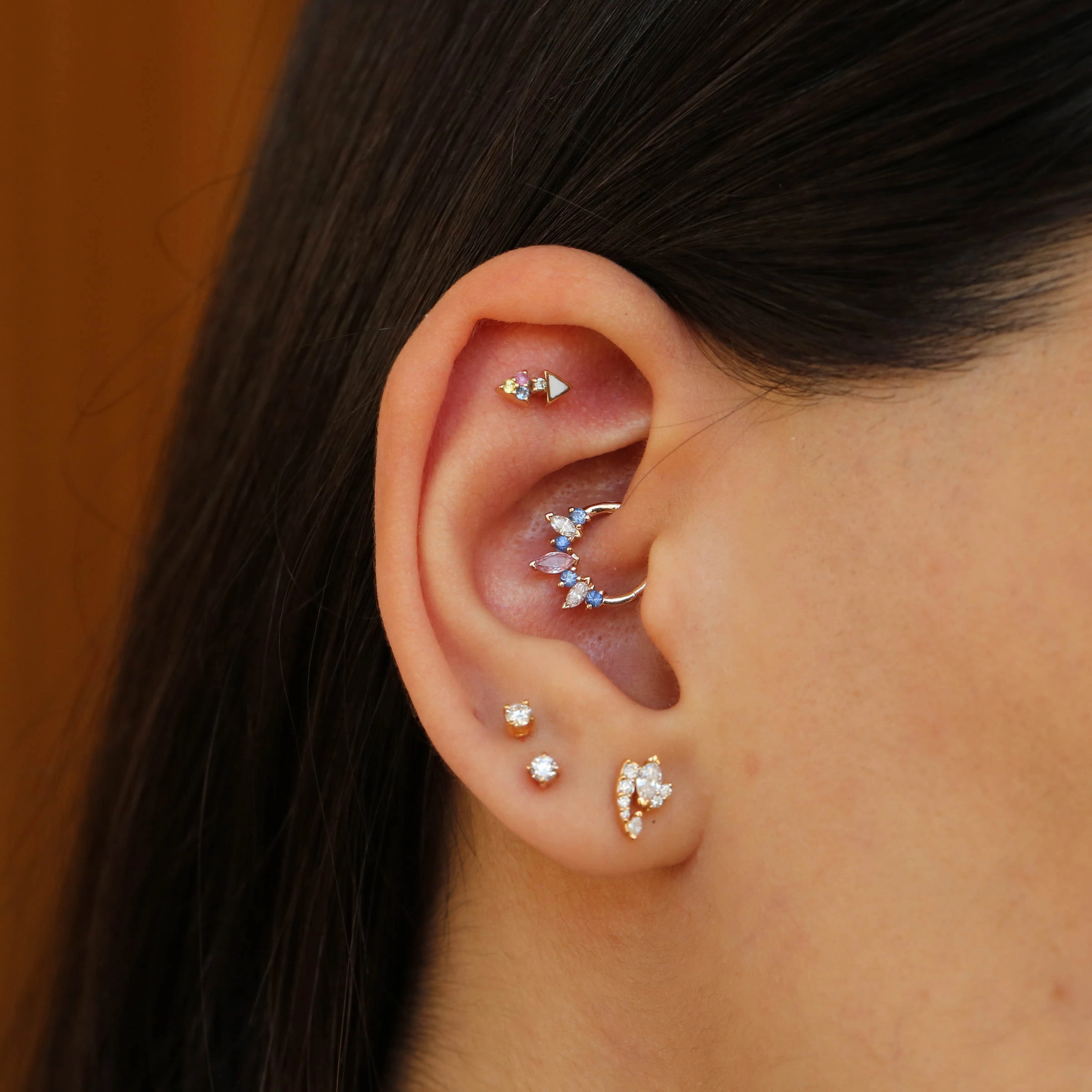 Hana Multicolor Safir ve Pırlanta Taşlı Rose Altın Halka Piercing - Nev Jewellery (1)