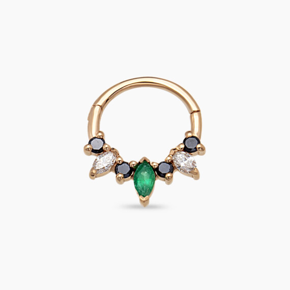 Hana Zümrüt ve Siyah Pırlanta Taşlı Rose Altın Halka Piercing - Nev Jewellery