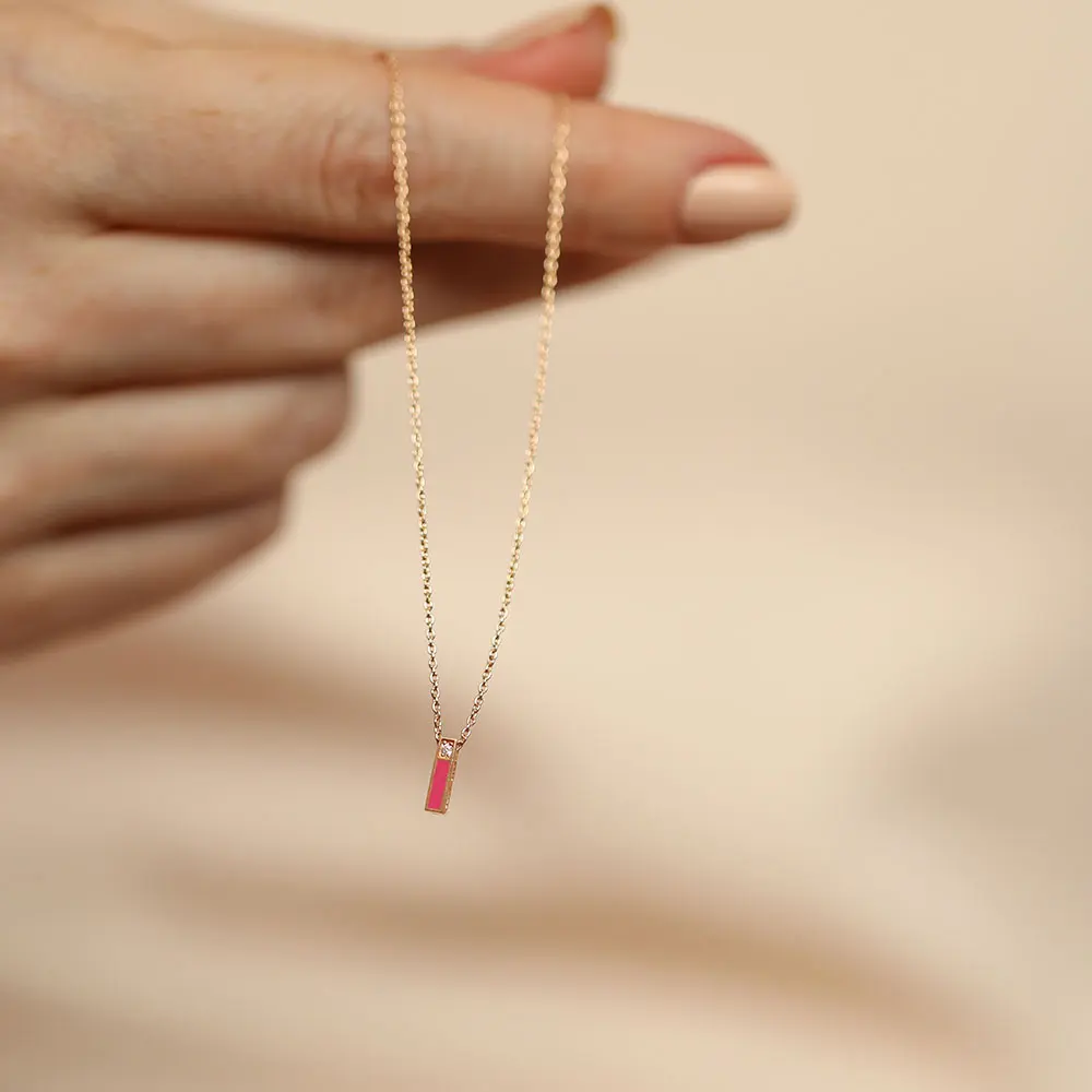 I Letter Diamond and Pink Enamel Rose Gold Pendant - Nev Jewellery (1)