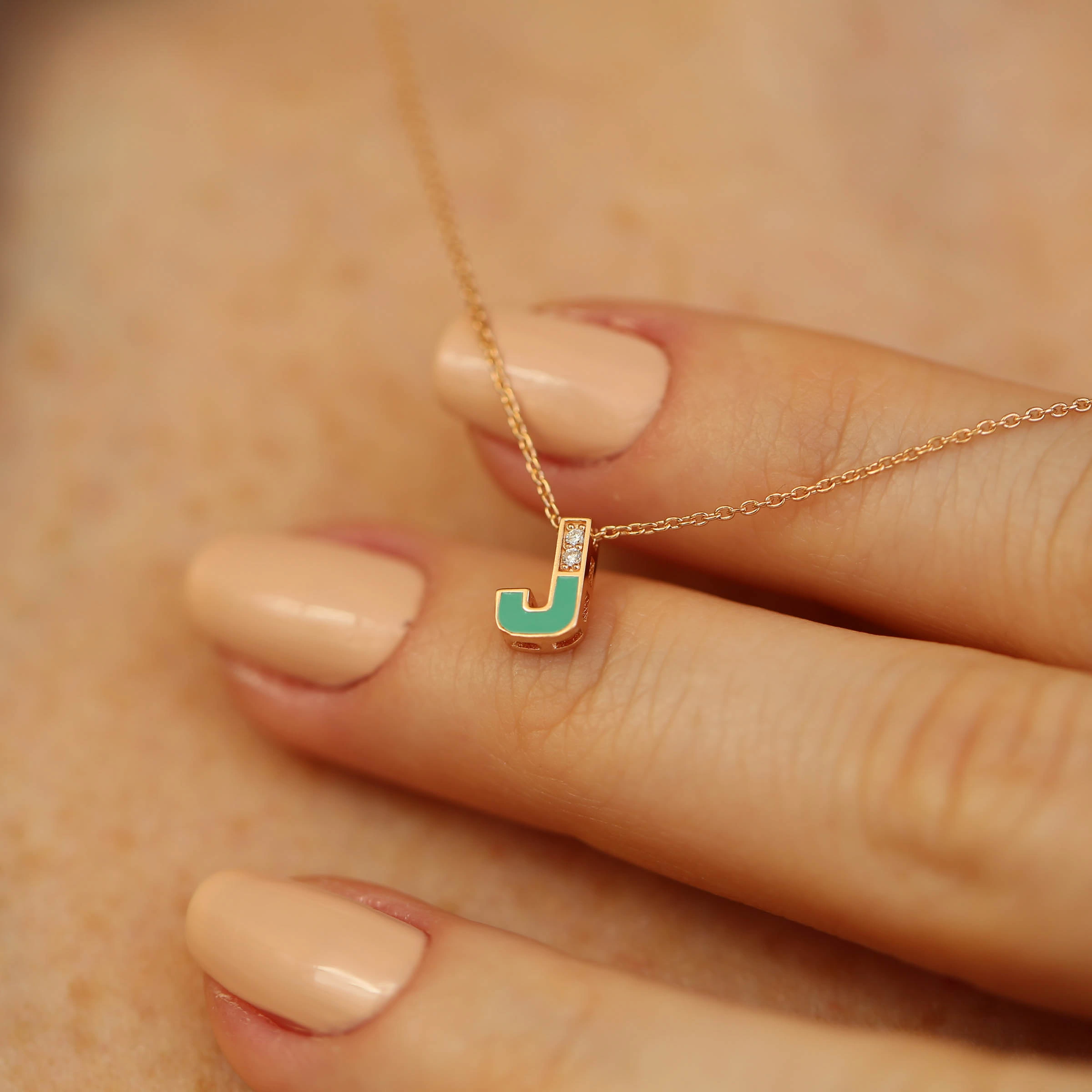 J Letter Diamond and Green Enamel Rose Gold Pendant - 1