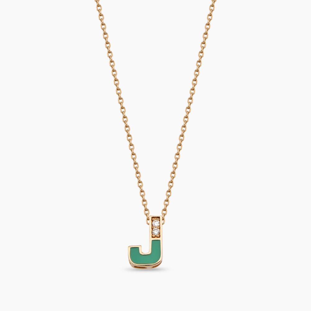 J Letter Diamond and Green Enamel Rose Gold Pendant - 1
