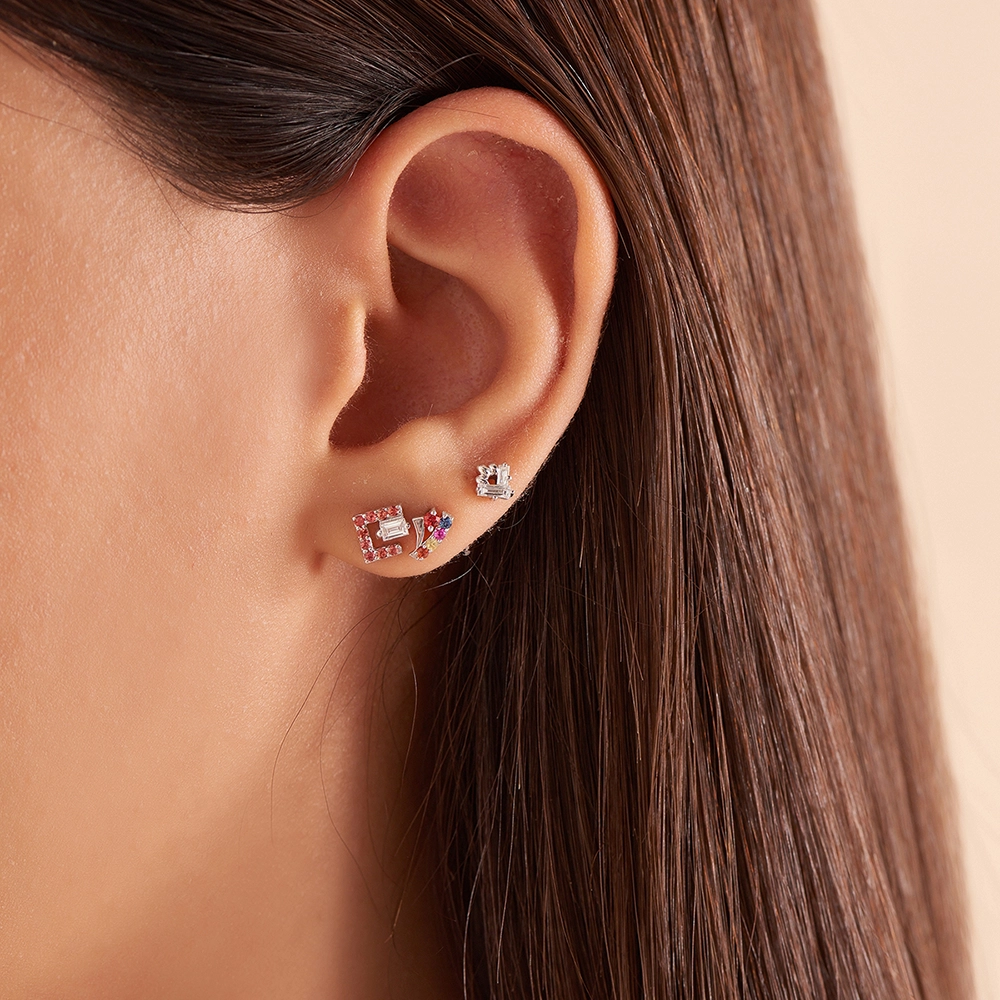 Jill Baguette Cut Diamond and Multicolor Sapphire White Gold Single Earring - Nev Jewellery (1)