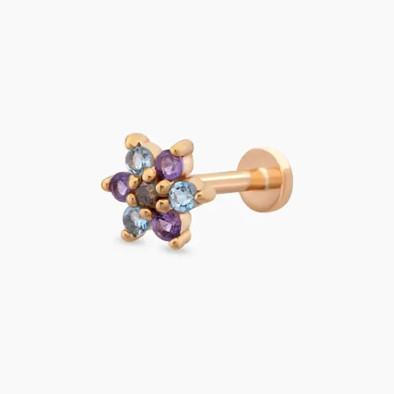 Joy Ametist ve Aquamarin Taşlı Rose Altın Piercing - 1