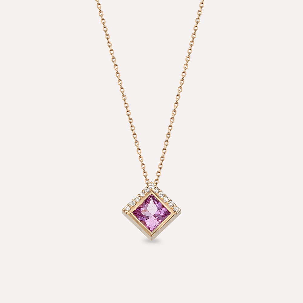 Jules 0.50 CT Pink Safir ve Pırlanta Taşlı Rose Altın Kolye - Nev Jewellery (1)