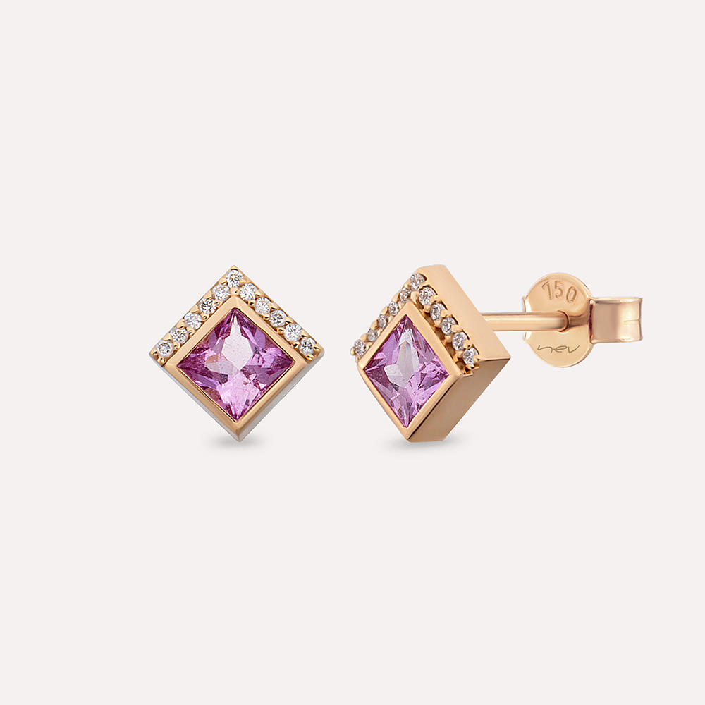 Jules 0.88 CT Pink Safir ve Pırlanta Taşlı Rose Altın Küpe - Nev Jewellery (1)