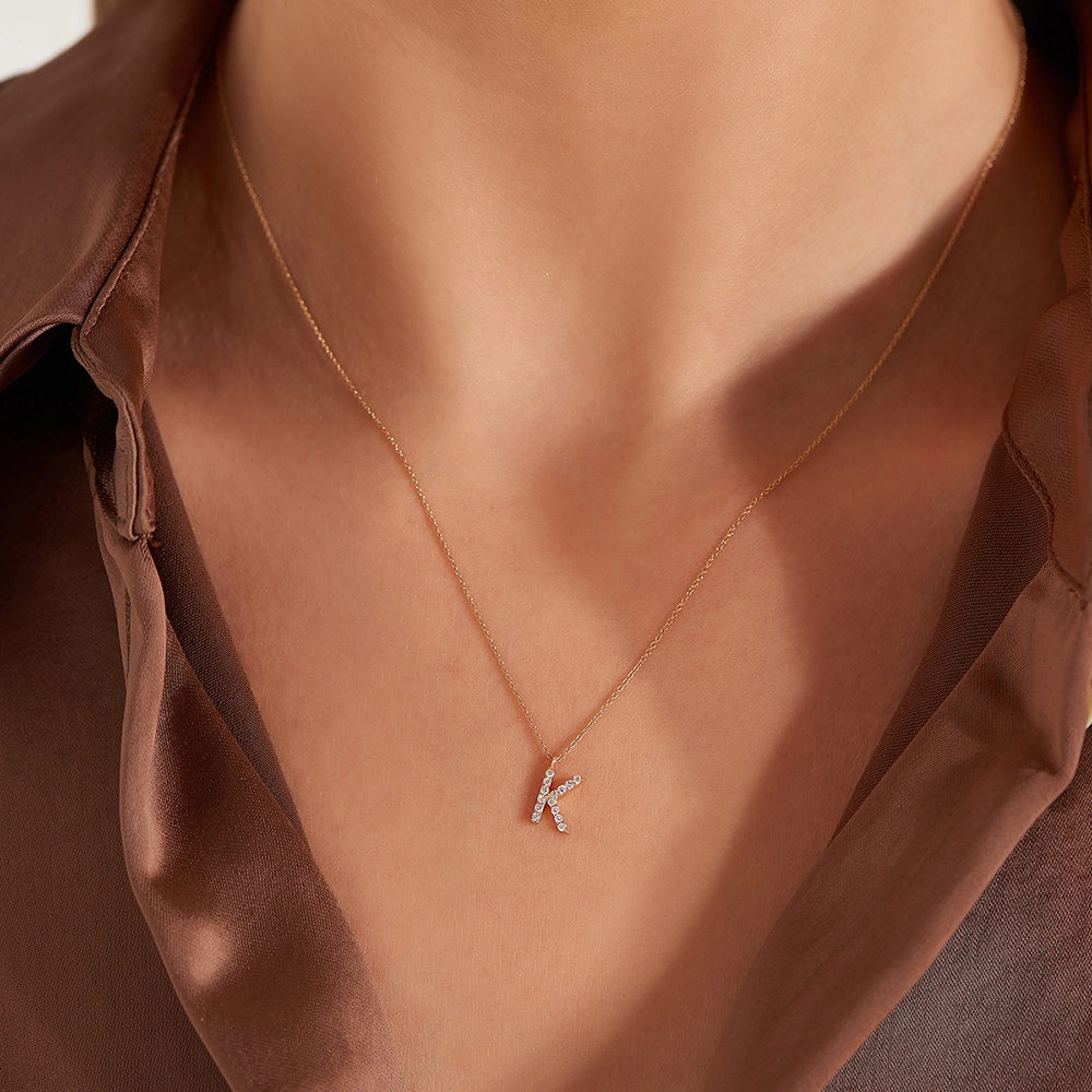 K Harf 0.09 CT Pırlanta Taşlı Rose Altın Kolye - Nev Jewellery (1)