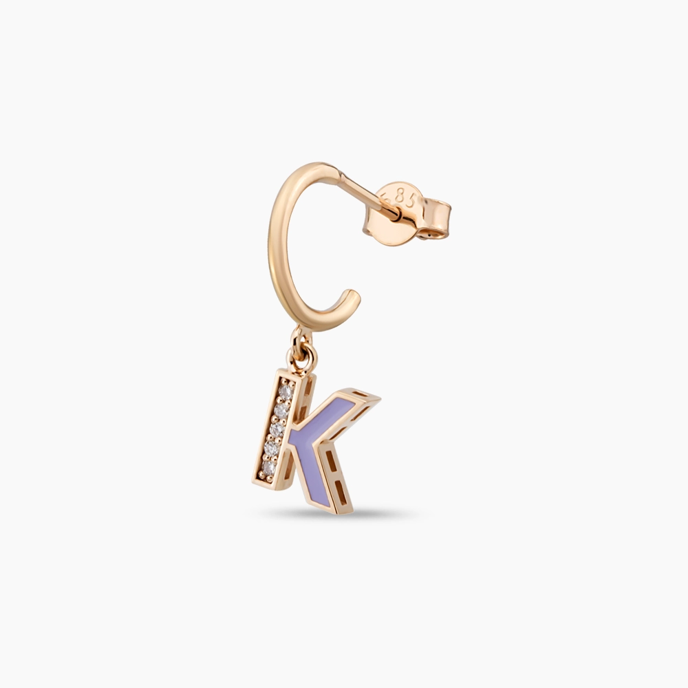 K Harf Lila Mineli ve Pırlanta Taşlı Tek C Küpe - Nev Jewellery (1)