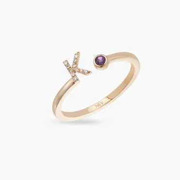 K Harf Purple Safir ve Pırlanta Taşlı Rose Altın Yüzük - Nev Jewellery (1)