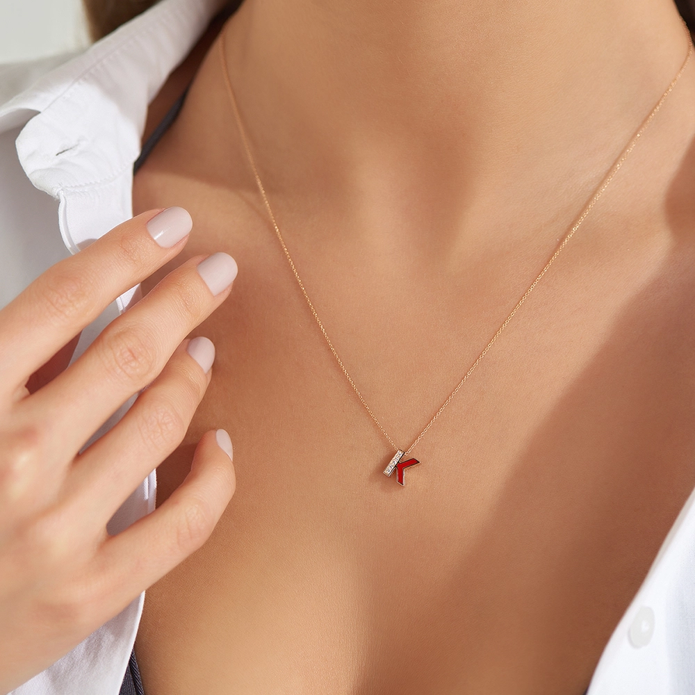 K Harfi Pırlanta Taşlı ve Bordo Mineli Rose Altın Kolye - Nev Jewellery (1)