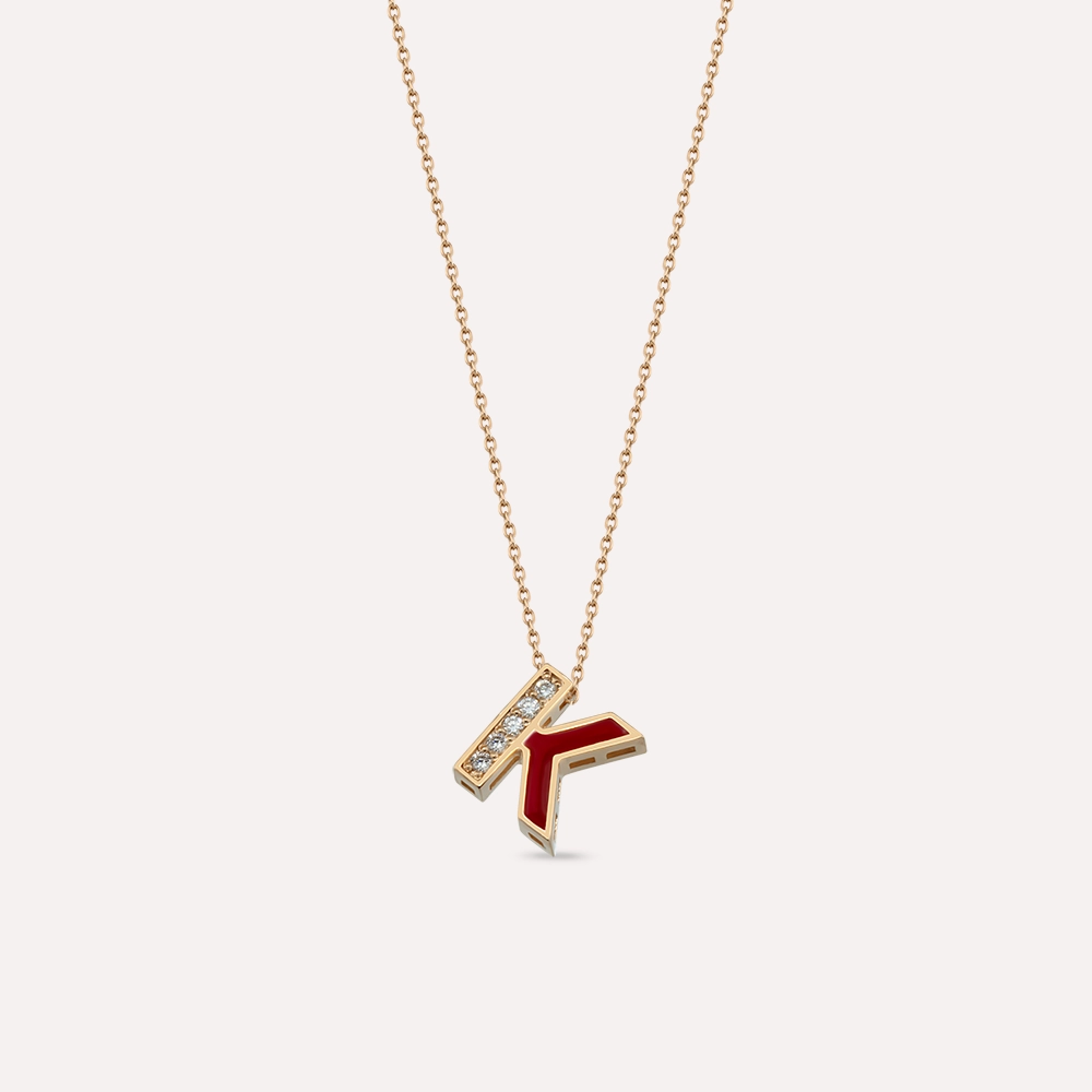 K Letter Diamond and Lily Enamel Rose Gold Necklace - 1