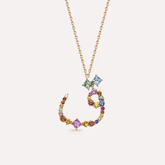 ق Kaf Letter 1.43 CT Diamond and Multicolor Sapphire Rose Gold Necklace - 1