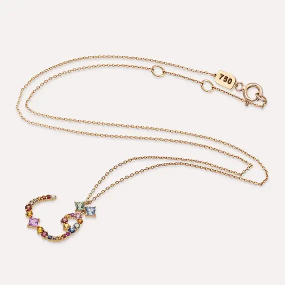 ق Kaf Letter 1.43 CT Diamond and Multicolor Sapphire Rose Gold Necklace - 3