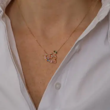 ﻙ Kef Harf 1.44 CT Pırlanta ve Multicolor Safir Taşlı Rose Altın Kolye - Nev Jewellery (1)