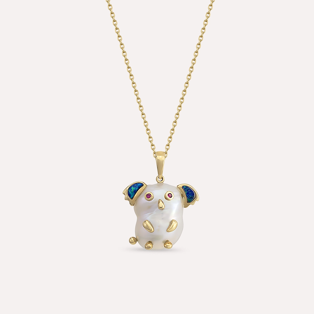 Koala Doğal İnci, Opal ve Multicolor Safir Taşlı Sarı Altın Kolye - Nev Jewellery (1)