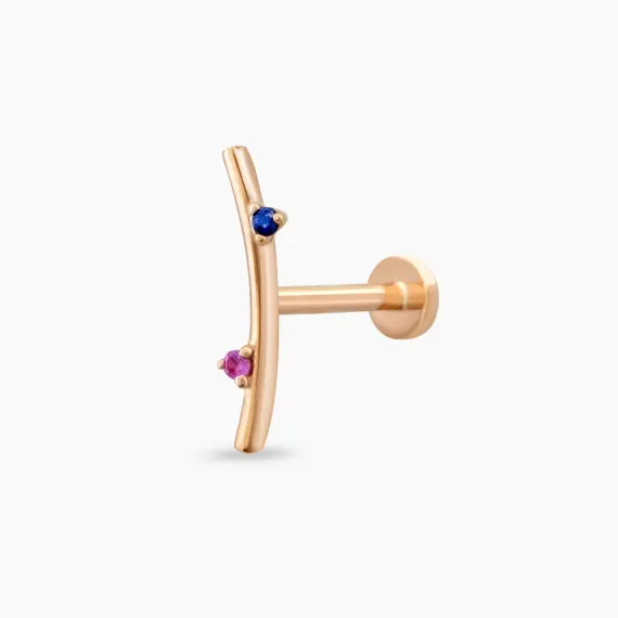 Koza Pink ve Blue Safir Taşlı Rose Altın Piercing - 1