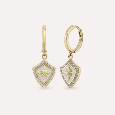 Kutup Yıldızı Sedef Mineli ve Taşlı Sarı Altın Küpe - Nev Jewellery (1)