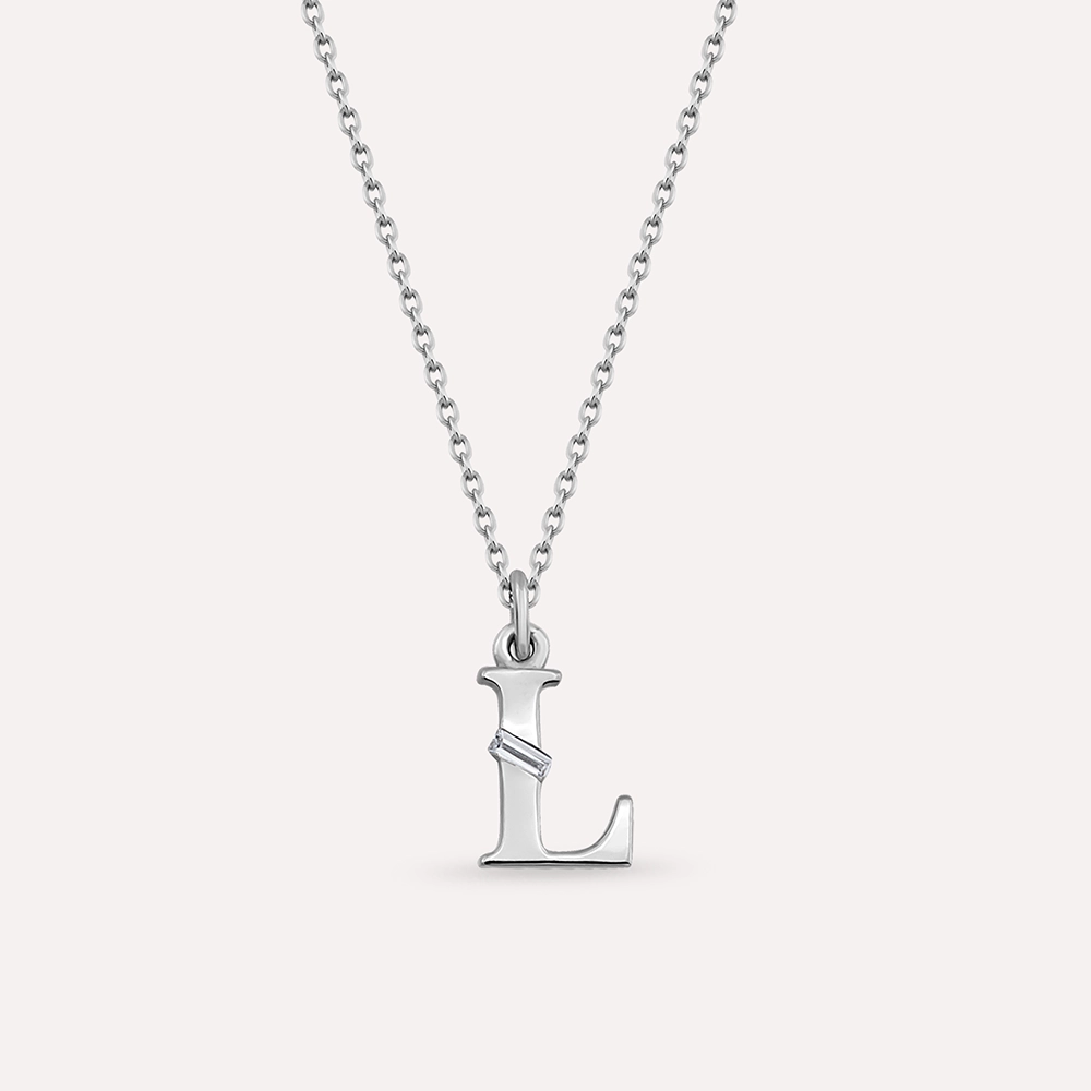 Baguette Cut Diamond White Gold L Letter Necklace - 1
