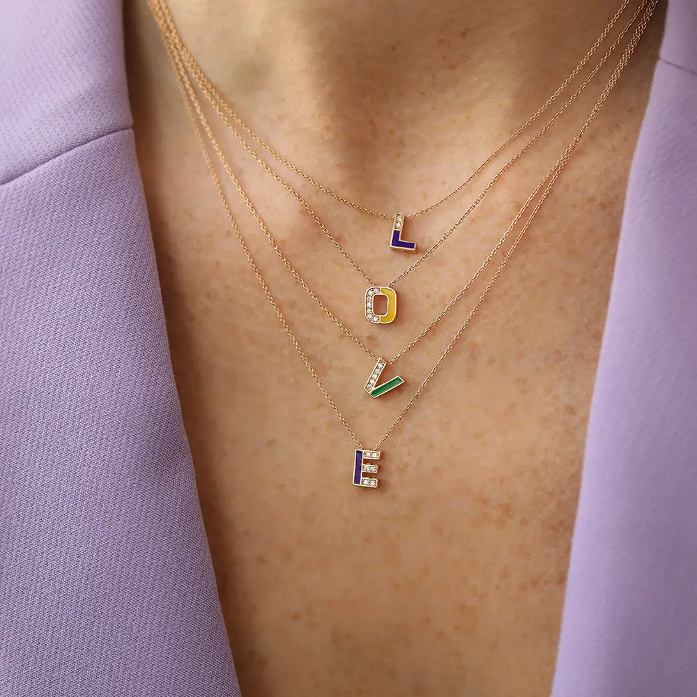 L Harfi Pırlanta Taşlı ve Lacivert Mineli Rose Altın Kolye - Nev Jewellery (1)