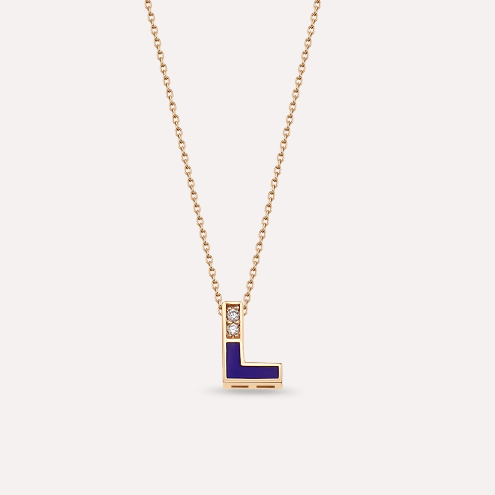 L Letter Diamond and Navy Blue Enamel Rose Gold Pendant - 1