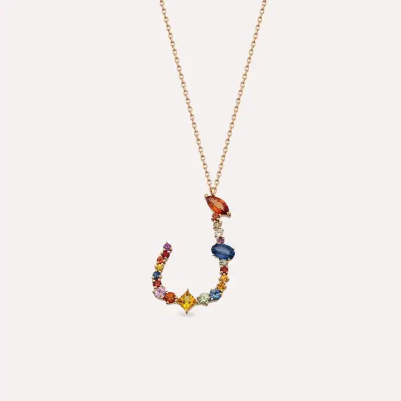 ل‎‎ Lam Letter 1.40 CT Diamond and Multicolor Sapphire Rose Gold Necklace - 1