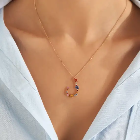 ل‎‎ Lam Letter 1.40 CT Diamond and Multicolor Sapphire Rose Gold Necklace - 2