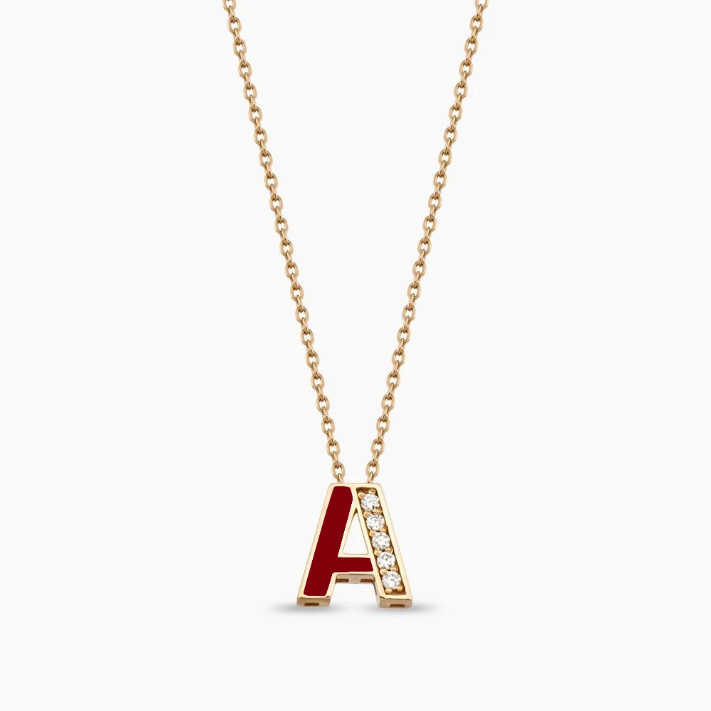 Letter A Diamond and Red Enamel Rose Gold Pendant - 1