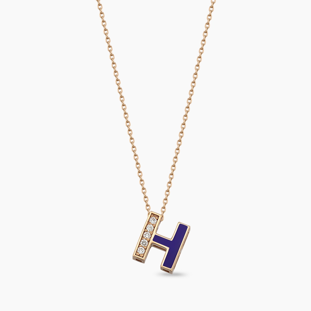 Letter H Diamond and Navy Blue Enamel Rose Gold Pendant - 1