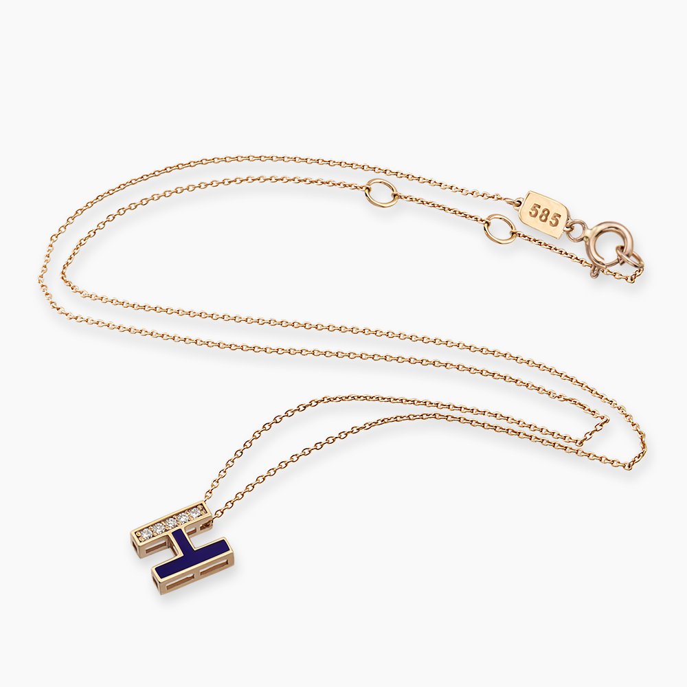 Letter H Diamond and Navy Blue Enamel Rose Gold Pendant - 3