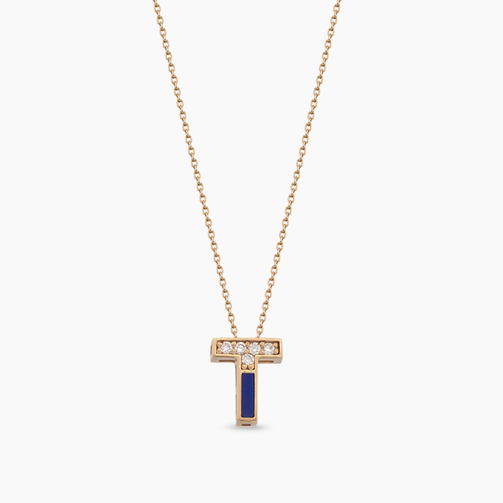 Letter T Diamond and Navy Blue Enamel Rose Gold Pendant - 1