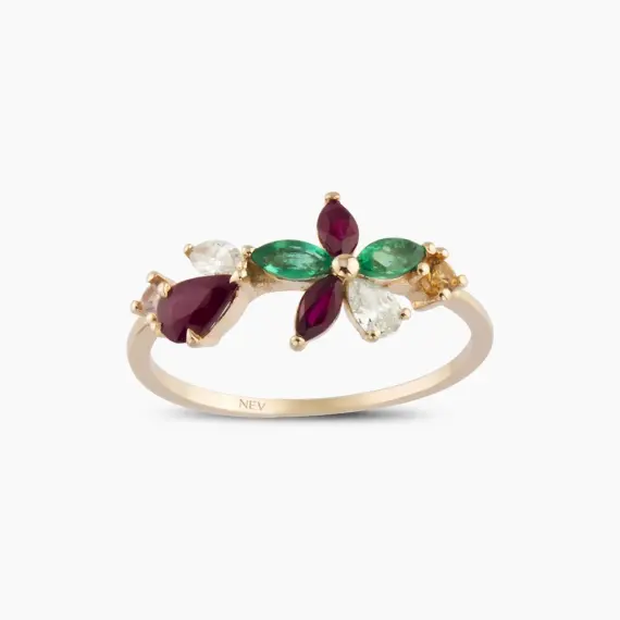 Lilia Diamond, Ruby and Emerald Rose Gold Ring - 1